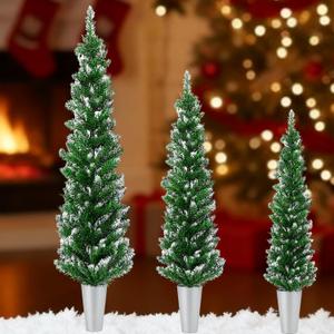 Set of 3 Potted Christmas Tree 5ft/4ft/3ft Slim Pencil Christmas Tree with Metal Buckets Artificial Xmas Trees for Porch, Front Door, Entryway, Holiday Party Decoration(Green, White)