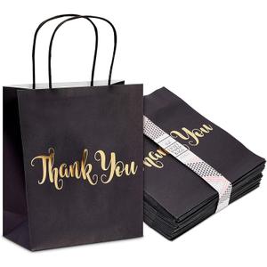 Sparkle and Bash 24 Pack Medium Black Thank You Party Favor Paper Goodie Gift Bags with Handles, Gold Foil