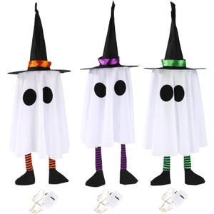 3pcs Halloween Hanging Floating Glowing Ghost Decorations, Polyester Swinging Ghosts Kit with Witch Hats and Lights up for Halloween Party House Garden Yard Patio Tree Outdoor Decor