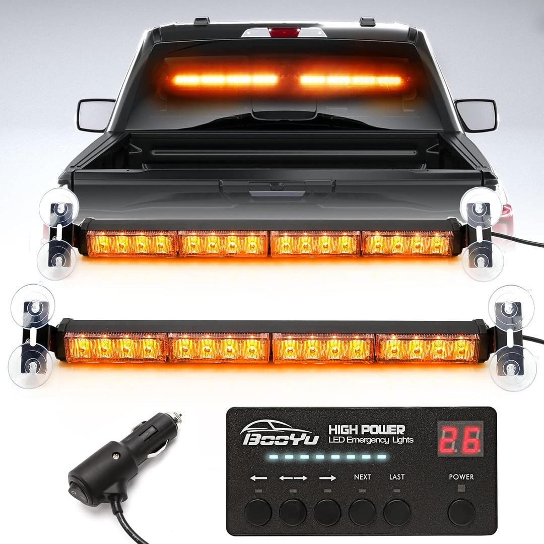 BooYu 2 in 1 Traffic Advisor Light Bar w/Digital Display Controller Windshield LED Emergency Strobe Visor Interior Safety Warning Hazard Flashing Lights for Firefighter Police Trucks Vehicles (Amber)