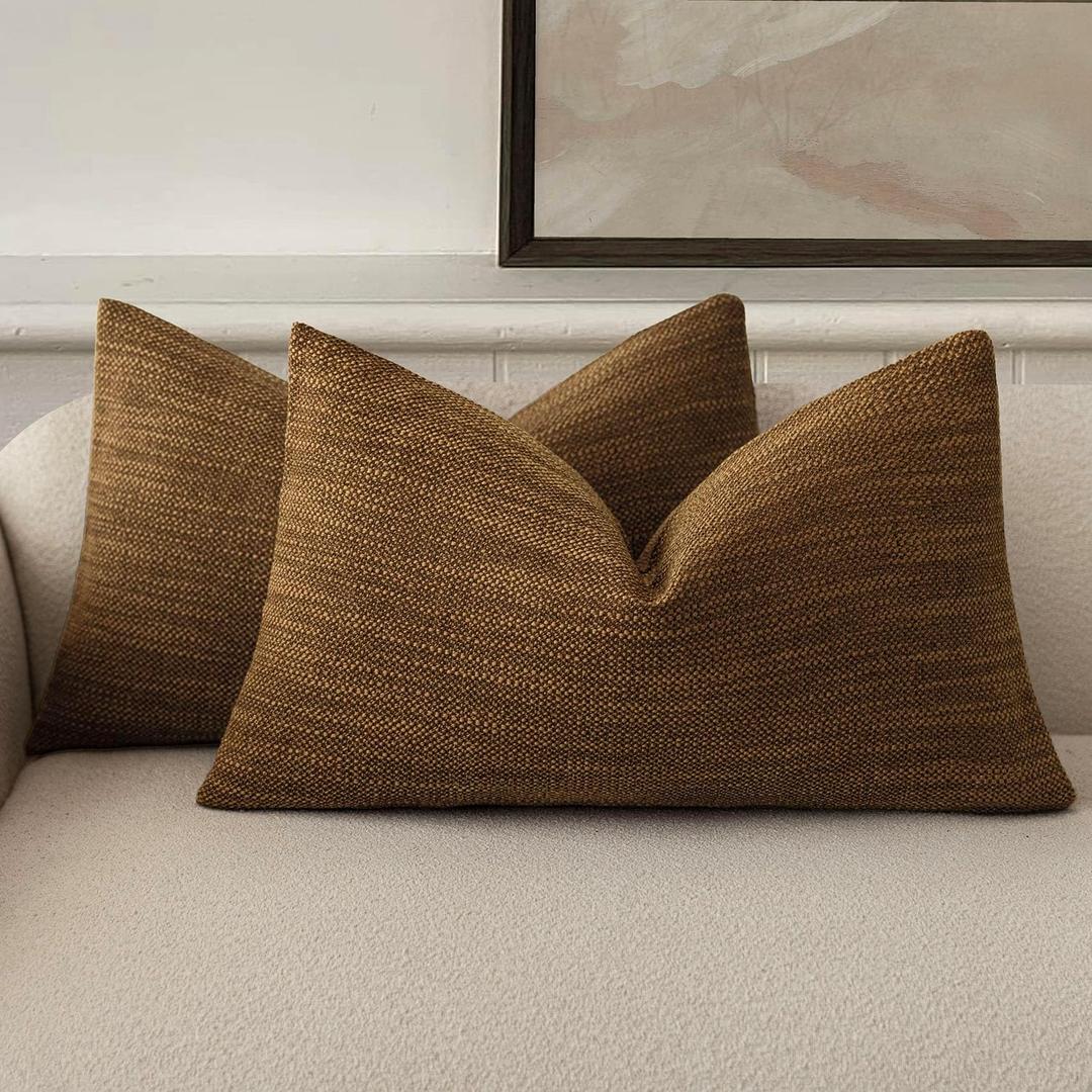 Foindtower Set of 2 Decorative Textured Burlap Linen Throw Pillow Covers Farmhouse Boho Lumbar Cushion Cover Solid Accent Pillowcase for Couch Sofa Bed Living Room Home Decor,1220 Inch,Golden Brown