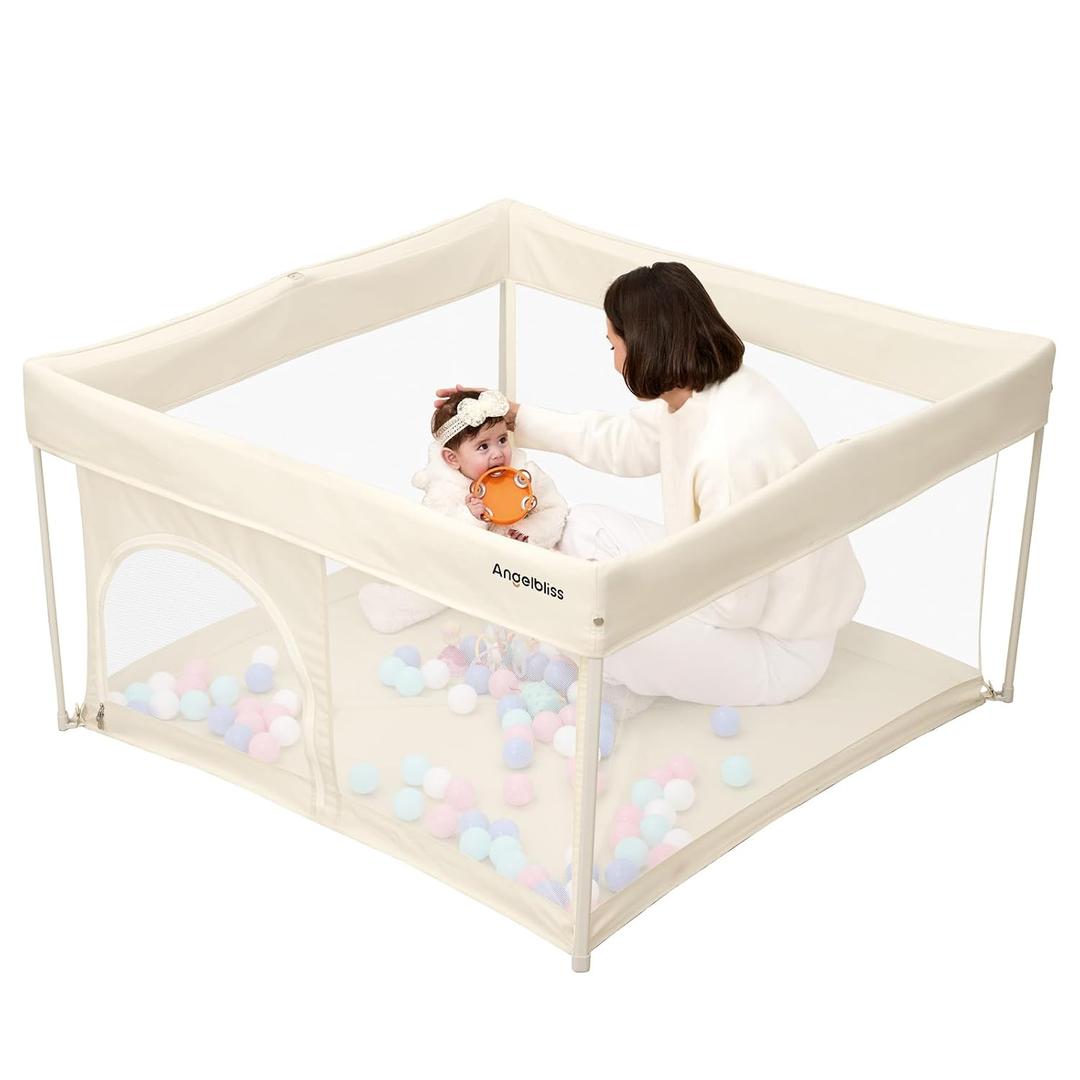 Foldable Baby Playpen 50"50", Out-of-the-Box Ready Playpen for Babies and Toddlers, Portable Play Yard with Breathable Mesh & ASTM F406 Certified (Beige)