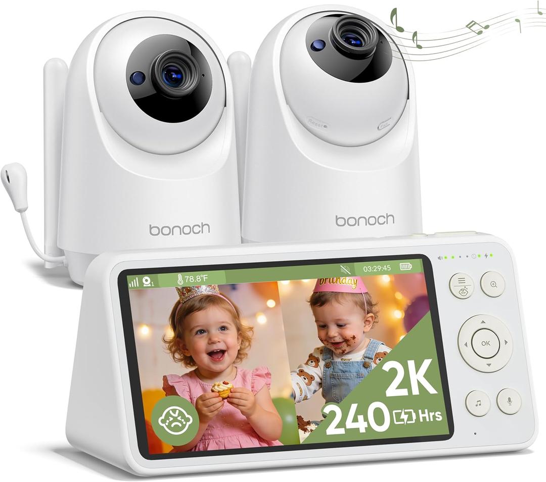 bonoch 2K 5.5" Split Screen Baby Monitor with 2 Cameras, 240hrs Battery Dual Video Monitor, White Noise, 1600ft Long-range, Hack-Proof No WiFi, Night Vision, Smart Detect for Cry/Sleep Turnover/Motion