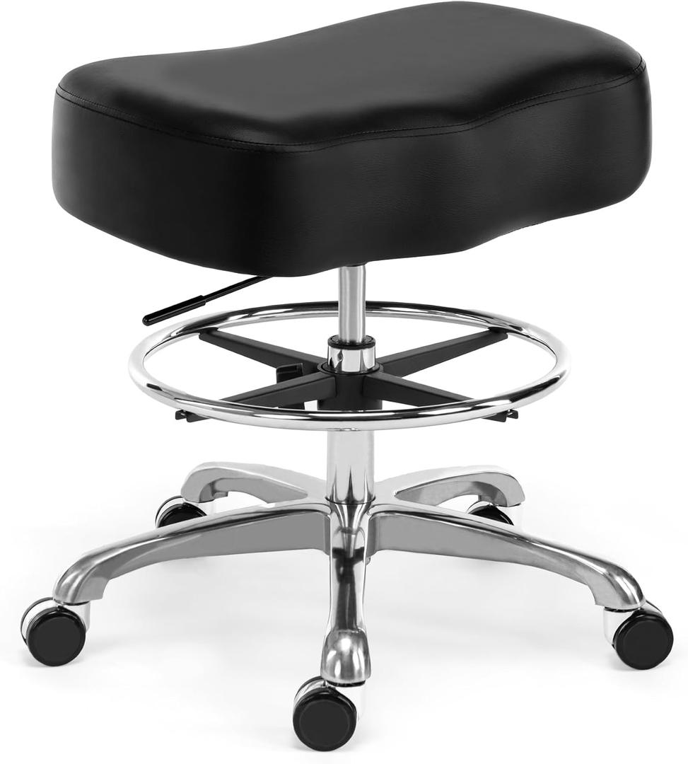 Ergonomic Saddle Stool with Foot Ring, Adjustable Rolling Chair, Black, Chrome