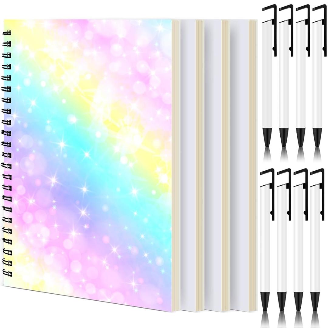 Seajan 12 Pcs Blank Journal Notebook Including 4 Pcs A5 120 Pages Sublimation Notebooks Blank 8 Sublimation Pens for School Supplies DIY Back to School Gifts