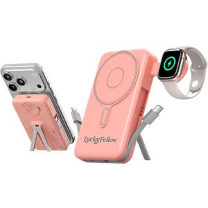 Magnetic Portable Charger Built-in Cables,10000mAh Fast Charging Wireless Charger Station External Battery Pack Slim Pocket Size Power Bank with Stand Compatible with iWatch, iPhone