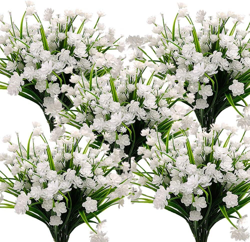 Grunyia 10 Bundles Artificial Flowers Outdoor UV Resistant Fake Plants Indoor Outside Hanging Planter Home Garden Decor (White-daffodil)