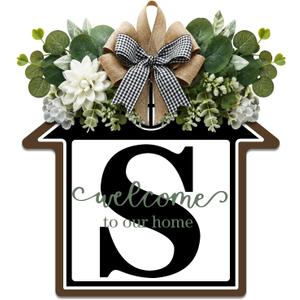 Large 14" Last Name House Front Door Wreath Decor for All Seasons, 26 Initial Letter Wreaths for Front Door Porch Welcome Garland and Eucalyptus Hanging Gift for Farmhouse Welcome Sign (S)