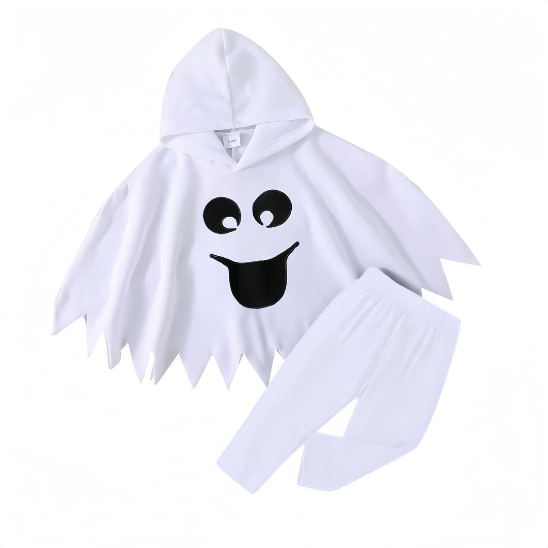 Noubeau Toddler Baby Boys Girls Halloween Costume Ghost Cloak Hooded Top Black Pants Boo Spooky Ghost Costume Cosplay Clothes (12-18 Months, White-1)