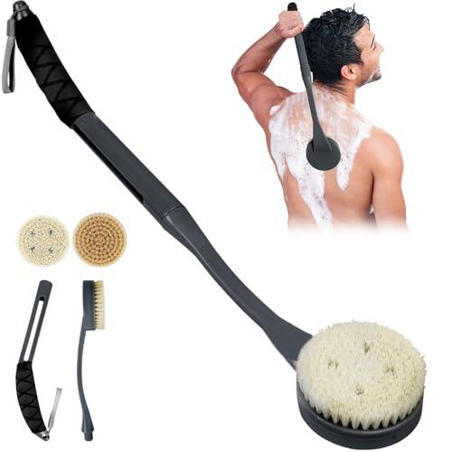 Back Scrubber for Shower, 20.5" Anti Slip Long Handle Bath Brush, Back Brush with Stiff and Soft Bristles Detachable Heads, Showering Exfoliator for Women, Men, Elderly
