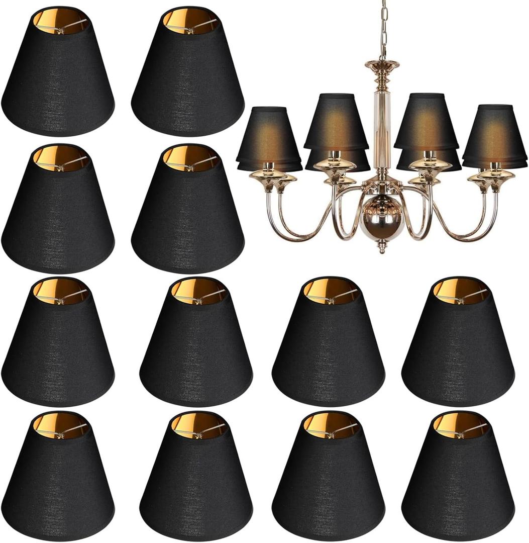 12 Pcs Small Lamp Shades, Clip-on Black Fabric Lamp Shades with Golden Plastic Lining, Chandelier Lamp Barrels, Elegant Lighting Covers for Bedside Table Lamps, Floor Lamps, Wall Lamps