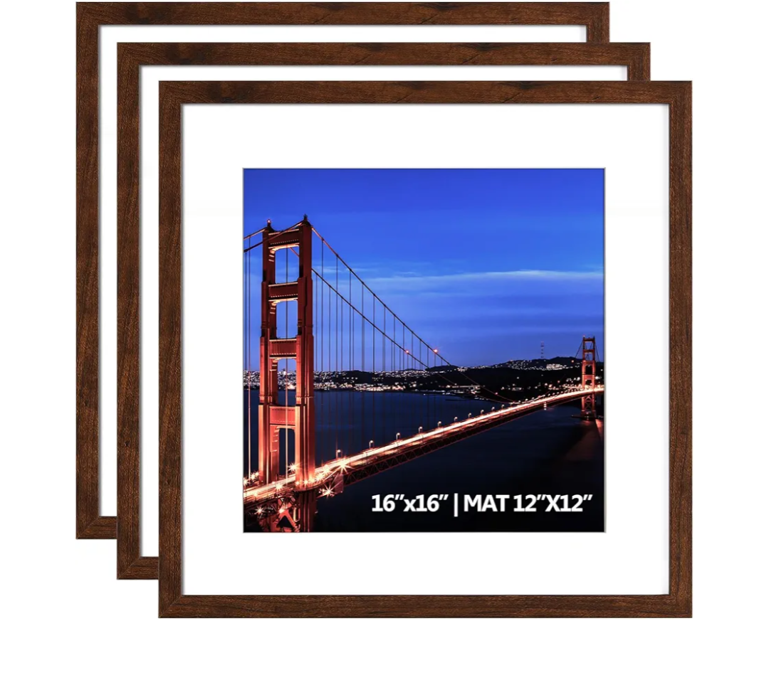 Yaetm 16x16 Picture Frame Matted to 12x12, Set of 3, Brown Wood Grain Square Frame for Gallery Wall Display, Hanging Hardware Included (3 Pack, Brown)