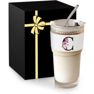 Initial Glass Cup with Lid Straw Ribbed Ice Tea Coffee Matcha Latte Clear Tumbler Co Work Women Coworker Colleague Secretary Assistant Nurse Teaher Member Bulk Appreciation Thank You Employee Gift C