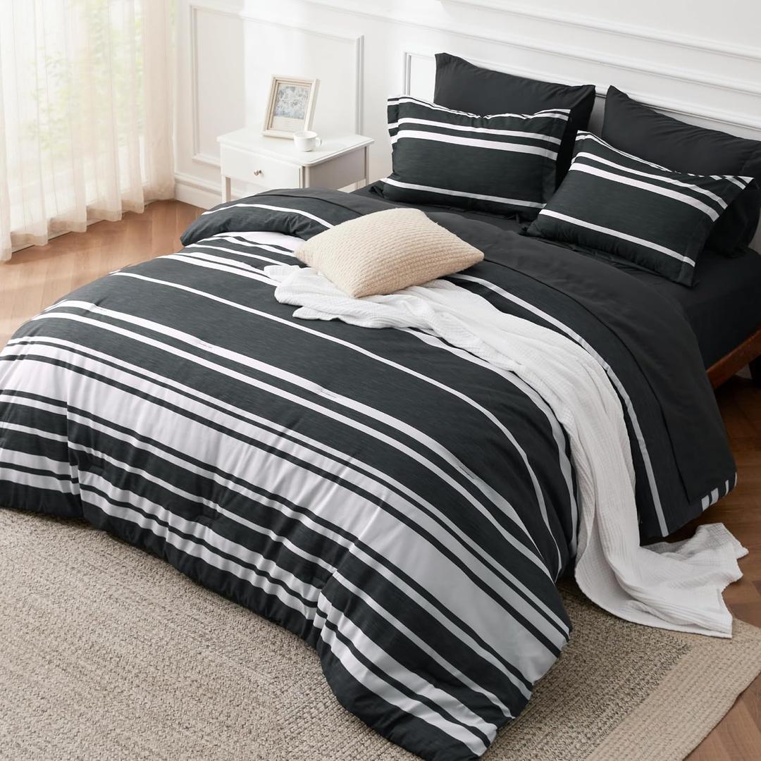 Bedsure Twin XL Comforter Set 5 Pieces, Black Striped Bedding Set for All Seasons, Reversible, Cationic Dyeing Bed in a Bag with Comforter, Sheets, Pillowcase & Sham