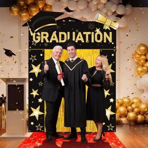 HunnmingRe 7 Pcs 2026 Graduation Party Decoration Include Class of 2026 Graduation Door Porch Banner, Gold Fringe Curtain, Red Carpet, Grad Photo Backdrop for College School (Black)