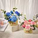 Knitting Crochet Flowers Potted Plants, Fake Sunflower and Knitted Puff Flowers for Friends, Family and Lover, Artificial Handmade Flowers for Birthday Wedding Gift and Home Decor (Blue Roses)