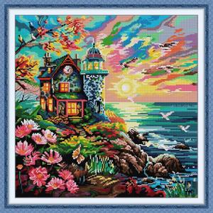 ITSTITCH Stamped Cross Stitch Kits - Full Range of Embroidery Patterns for Beginners or Adults,14 CT 2 Strands DIY Counted Needlepoint Arts Craft-Seaside Lighthouse 16.916.9 inch