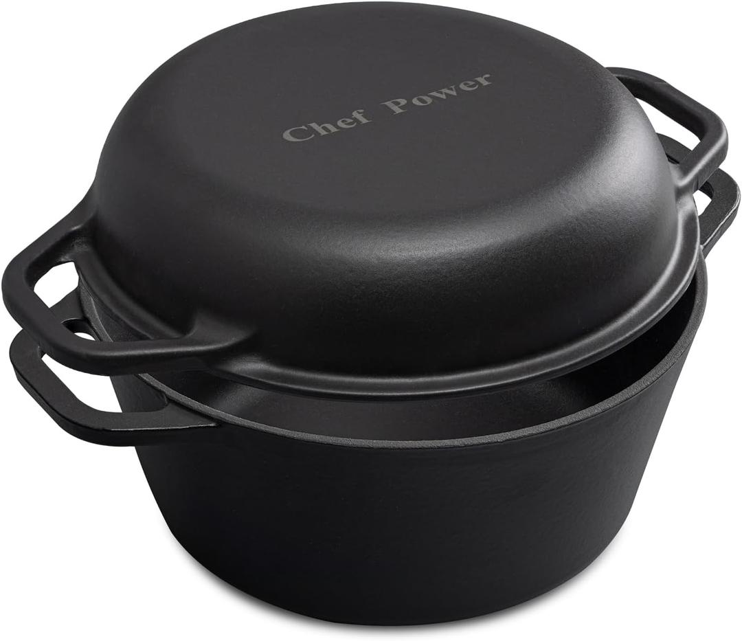 Chef Power 2-in-1 Cast Iron Dutch Oven with Skillet Lid, 5QT Camping Dutch Oven Pot with Lid for Bread, Frying, Baking, Roasting, Cooking, BBQ  Versatile Cast Iron Cookware