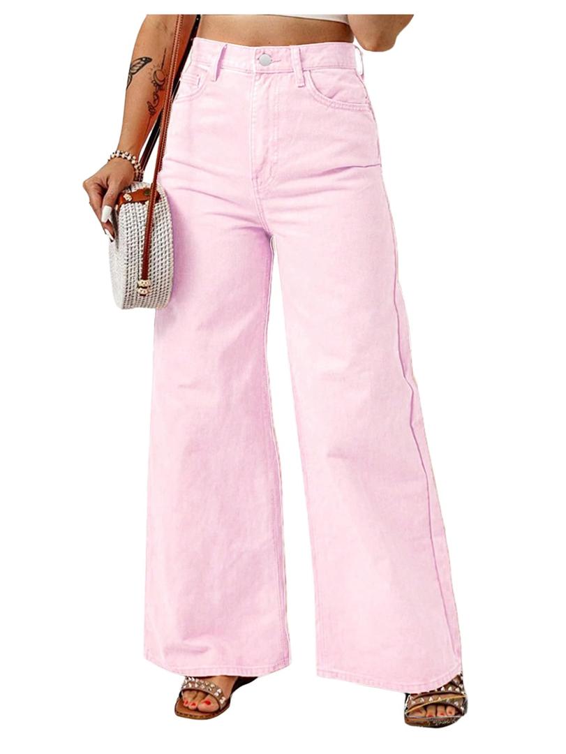 SOLY HUX Women's Wide Leg High Waisted Loose Jeans Dressy Casual Denim Pants Solid Pink Large (Pink, L)