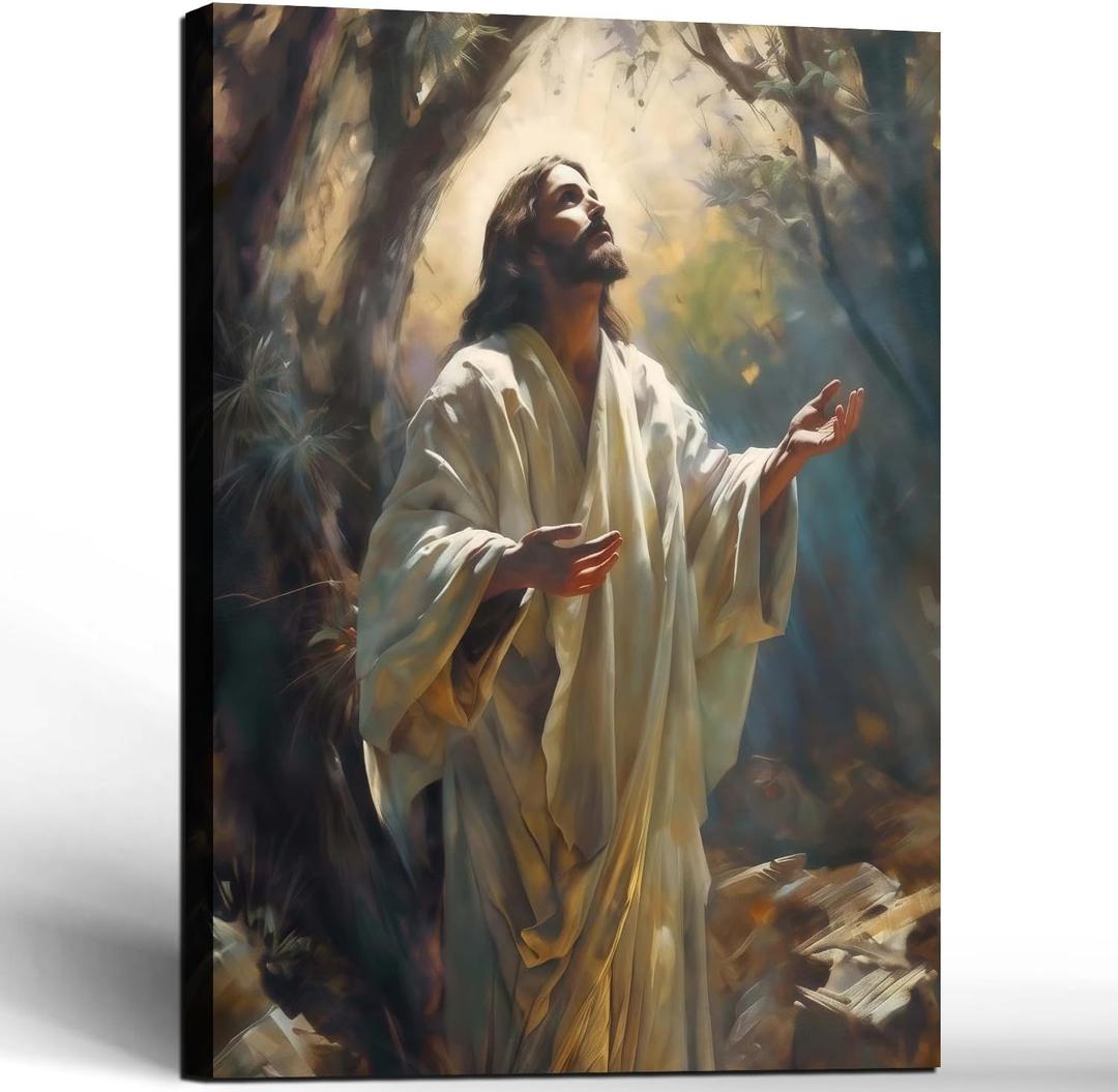 Framed Jesus Canvas Wall Art Jesus in the Garden Wall Decor Picture Christian Poster Painting Decoration Unique Print Wall Decor Living Room Bedroom Church Decor 16x24 Inch Ready to Hang
