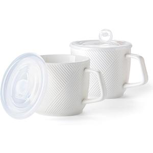 Ceramic Soup Bowls with Lid & Handle: 32 oz Microwave Safe Food Containers for Ramen Noodles Cereal Leftovers - Extra Large Mugs for Breakfast Lunch Picnic Camping - White, Set of 2