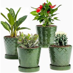 EFISPSS Flower Planter 5 inch Ceramic Plant Pots with Drainage Hole and Ceramic Tray - Gardening Home Desktop Office Windowsill Decoration Gift Set of 4 - Plants NOT Included (Patina)