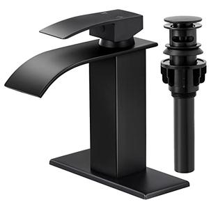 KZH Waterfall Bathroom Faucet,Single Handle Bathroom Faucets for 1 or 3 Hole Bathroom Sink Faucet Washbasin Faucet Rv Vanity Faucet with Deck Plate, Pop-up Drain and Supply Hoses Matte Black