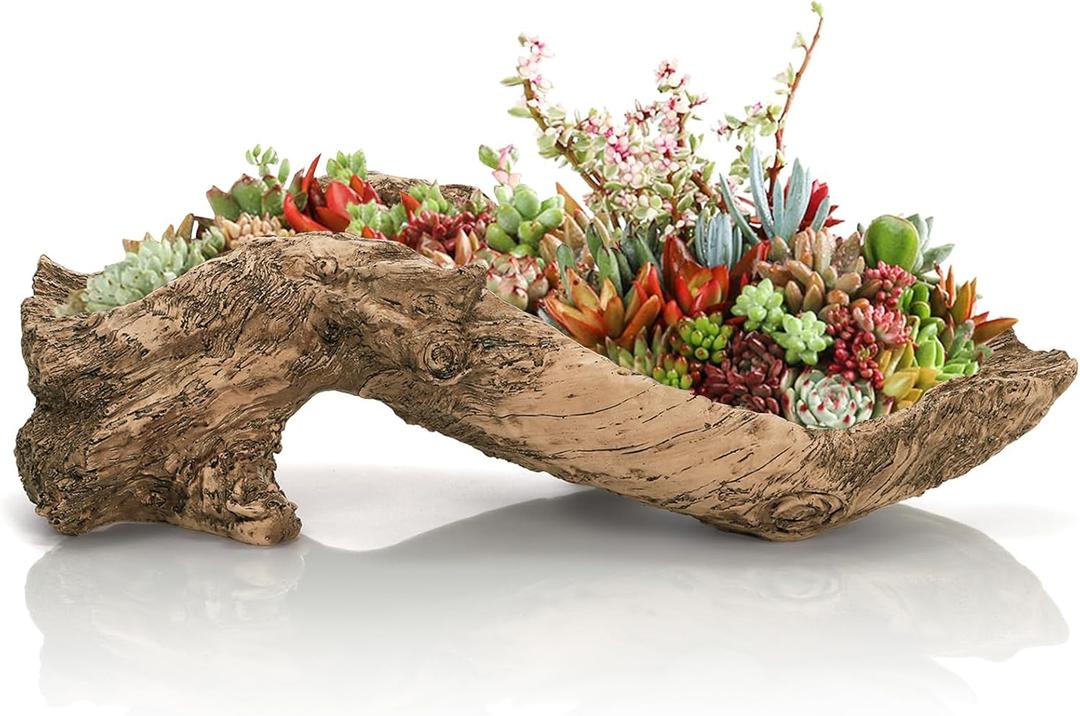 Artificial Driftwood Planter, 16''L x 5.5''W x 5''H Sculpture Resin Succulent Flower Pot, Creative Imitation Wood Stump Log Bonsai Plant Pot, Cactus Container with Drainage Hole for Garden