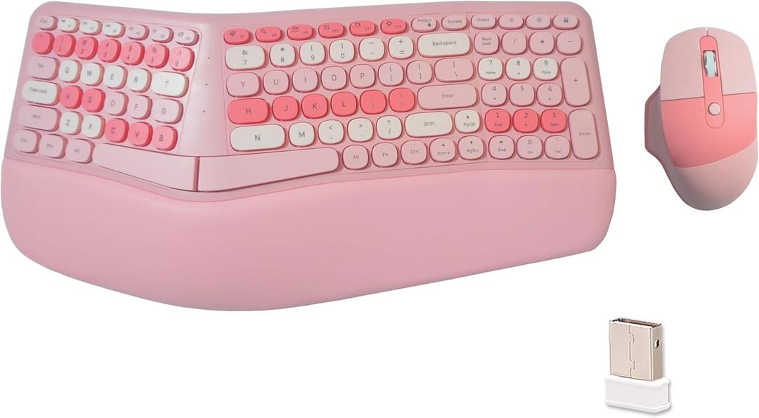 Wireless Ergonomic Keyboard and Mouse Combo with PU Wrist Rest, Carpal Tunnel Keyboard, 2.4G Colorful Split Ergo Keyboard, Comfortable Natural Typing, Compatible with PC/Laptop (Pink)