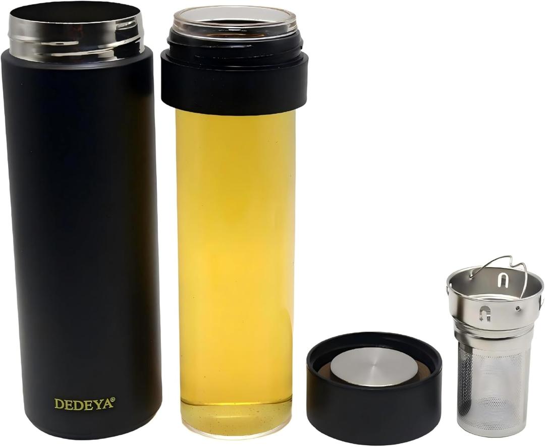 15oz Stainless Steel Vacuum Insulated Water Bottle with glass liner inside,glass lined thermos with Infuser for Hot and Cold drink -Leakproof Travel Mug with Filter (Black,with Tea infuser)