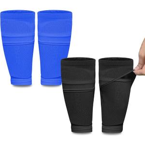 2 Pairs Kids Youth Soccer Shin Guard Sleeves with Optimized Insert Pocket, Shin Pad Compression Sleeves for 3-15 Years Old Boys Girls Child Teens for Soccer Sport (Black+ Blue)