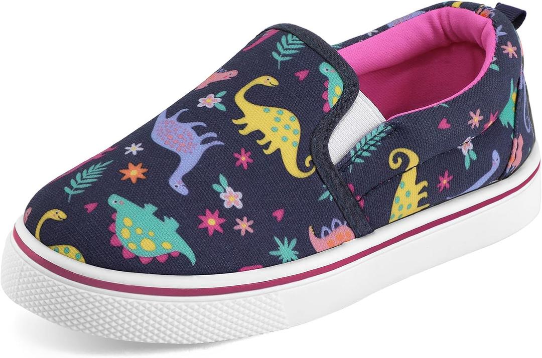 K KomForme Toddler Girls Boys Shoes Little Kids Slip on Canvas Sneakers for Running/Walking (Navy Dinosaur)