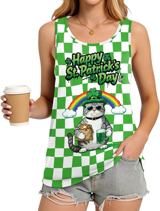 Women St. Patrick's Day Tank Tops Loose Green Lucky Shamrock Clover Printed Sleeveless Shirts, L