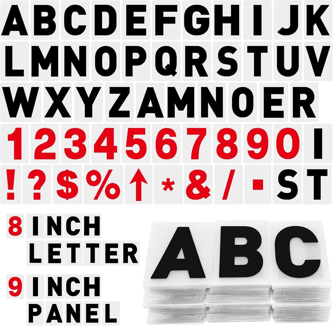 Leinuosen 300 Pcs Sign Letter Printed on Marquee Flexible Outdoor Black Portable Sign Board Plastic Changeable Letters and Numbers Punctuation Acrylic Numbers(8'', 9'')