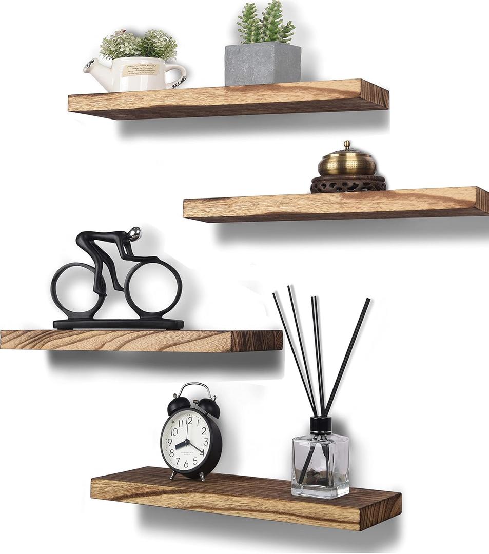 Wood Floating Shelves for Wall, Wooden Wall Shelves for Bedroom, Wall Mounted Shelves for Living Room, Set of 6 Black