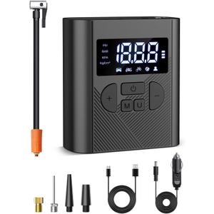 Tire Inflator Portable Air Compressor, 150PSI Cordless Air Pump for Car Tires, Electric Bike Tire Pump with LCD Digital Pressure Gauge LED Light for Car, Bicycle, Motorcycle, Balls