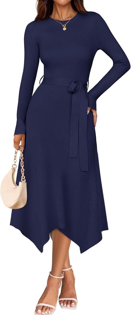 ZESICA Women's 2025 Spring Long Sleeve Crewneck Ribbed Knit High Waist Midi Sweater Dresses with Belt (Navy)