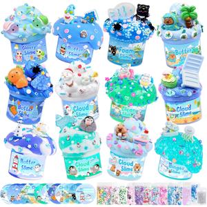 12 Pack Slimes, Blue Slime Kit, Clear Butter Slimes Cloud Slimes Fluffy DIY Kit for Girls Boys, Slime Party Favors Goodie Bag Easter Basket Stuffers, 4 5 6 7 8 9 10 Year Old Birthday Gift Cute Stuff