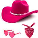 3Pcs Rhinestone Cowboy Hat for Women with Bandana, Heart Sunglasses set, Wide Brim Cowgirl Hat for Western Disco Party