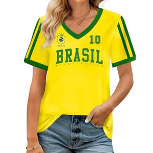 Women's 2026 Soccer Match Day Cup Short Sleeve Graphic Top T-Shirt Green Yellow Brazil A4, XXL