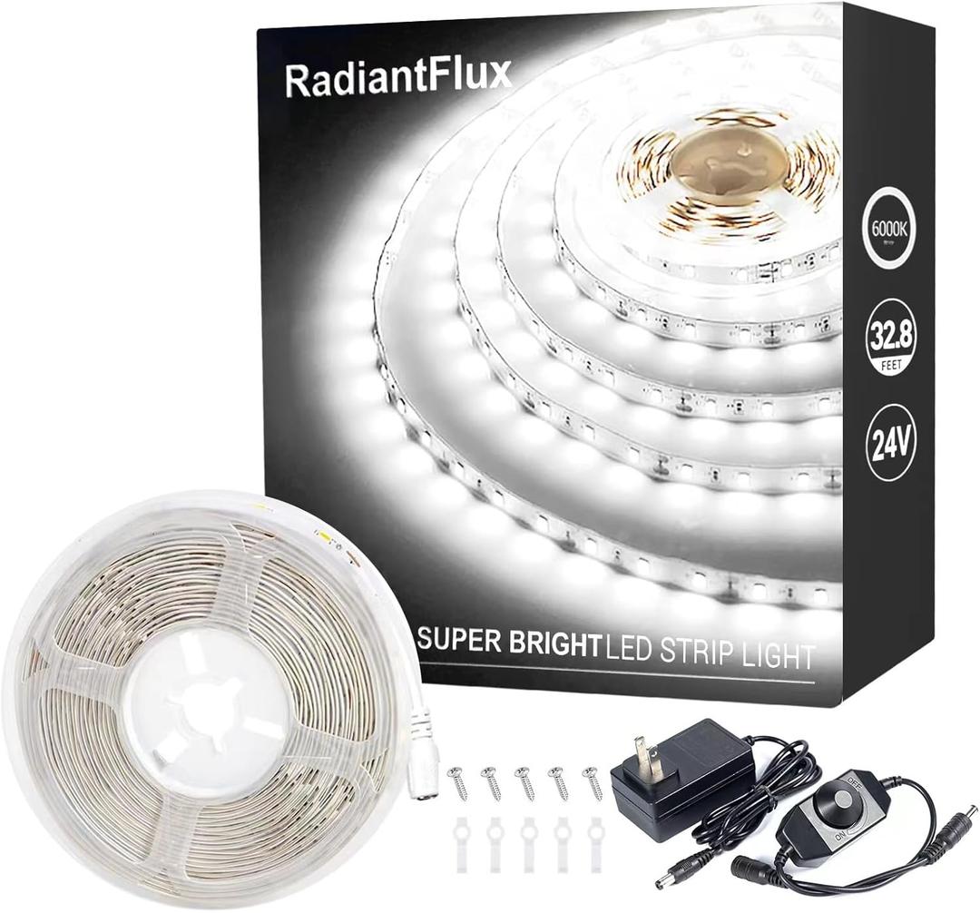 Small Led Light Strip, 12V Updated 24V Dimmable Cuttable LED Lights Strip, 32.8ft 600Leds, Super Bright LED Tape Lights for Living Room, Bedroom, Kitchen, Vanity Mirro,Flexible LED Light Strips