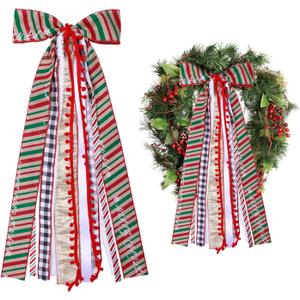 3 x Large Christmas Ribbon Bow, Red, White & Green Stripes with Snowflake Pattern, Tree Topper and Wreath Decoration, Rustic Vintage Style, Indoor/Outdoor Holiday Xmas Decor for Family, Wedding, Party