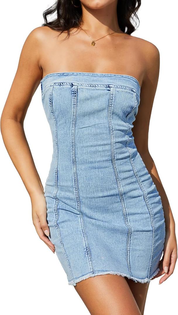 ELLEVEN Strapless Denim Dress for Women Western Mini Jean Dress Bodycon Sexy Summer Dresses for Women 2026 Western Outfit Light Blue Denim X-Large