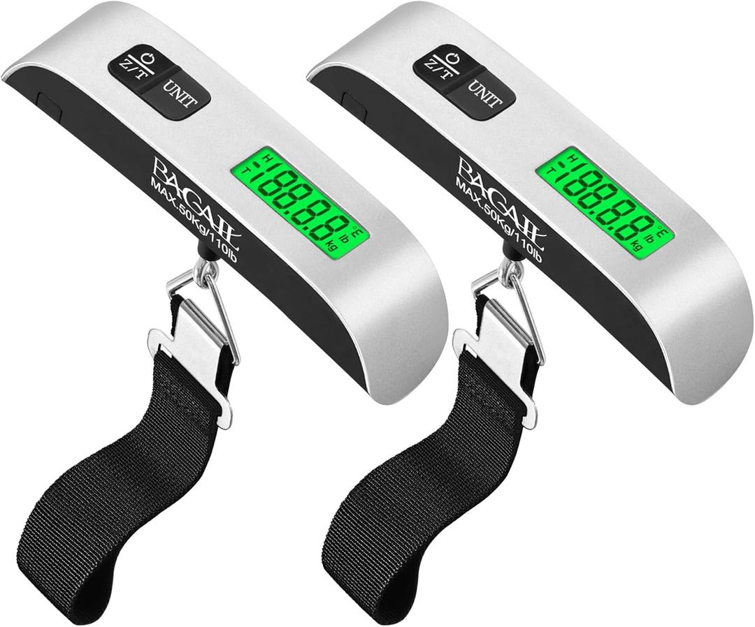 BAGAIL Digital Luggage Scale, 110lbs Hanging Baggage Scale with Backlit LCD Display, Portable Suitcase Weighing Scale, Travel Luggage Weight Scale with Hook, Strong Straps for Travelers (2 Pack, silver)