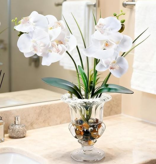 Jusdreen Artificial Orchid Centerpiece with Glass Vase, 14.5 Inch Lifelike Phalaenopsis Bonsai for Home Office Table Decor, White Orchid Arrangement with Potting