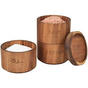Acacia Wood Salt Pepper Shaker Set Cellar 3 piece Stacking Spice Box