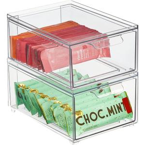 mDesign Stackable Storage Containers Box with Pull-Out Drawer - Stacking Plastic Drawers Bins for Kitchen Pantry and Cupboard, Cabinet, Counter, Island and Tables - Lumiere Collection - 2 Pack - Clear