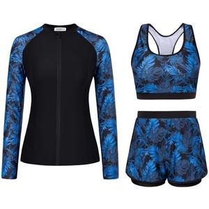JASAMBAC 3 Piece Rash Guard for Women, Long Sleeve Swimsuits Bathing Suit 2026, UPF 50+ Swim Shirt with Built in Bra & Shorts, XL