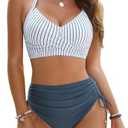 Blooming Jelly Womens High Waisted Bikini Sets Drawstring Tummy Control Swimsuits Crisscross Tie Back Bathing Suit M