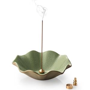 KOKUNKA Incense Holder with 3 Incense Sockets 6 Inch Incense Burner 4 in 1 Incense-Stick Holder Lotus-Shaped Bowl Incense Holder for Sticks Modern Incense Cone Burner for Yoga, Green
